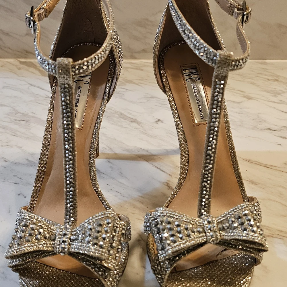 INC International Concepts Gold T-Strap Embellished Heels